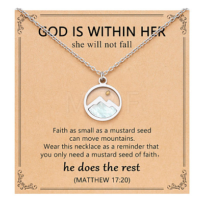 Flat Round 201 Stainless Steel Pave Natural Shell Mustard Seed Pendant Necklaces for Women WG511AE-06-1