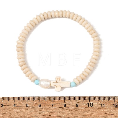 Religion Synthetic Turquoise Cross & Rondelle Natural Petrified Wood & Round Dyed Howlite Beaded Stretch Bracelets BJEW-JB14421-1