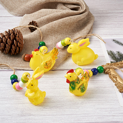 Crafans 4Pcs 4 Style Easter Theme Plastic Hen & Rabbit Pendant Decorations HJEW-CF0001-16A-1