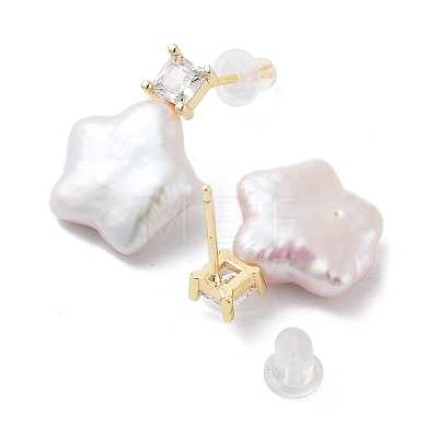 Star Natural Pearl Stud Earrings with Brass Glass and 925 Sterling Silver Pins EJEW-P256-89G-1