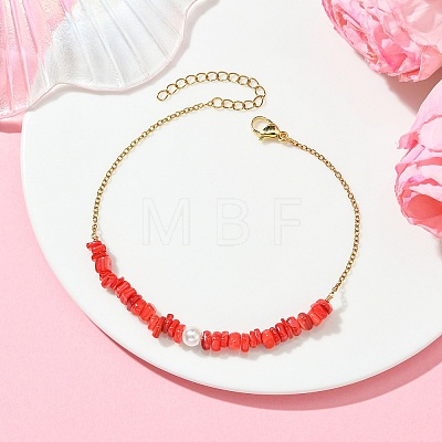 Natural Dyed Freshwater Shell Nuggets Beaded 304 Stainless Steel Cable Chain Anklets for Women AJEW-AN00827-01-1