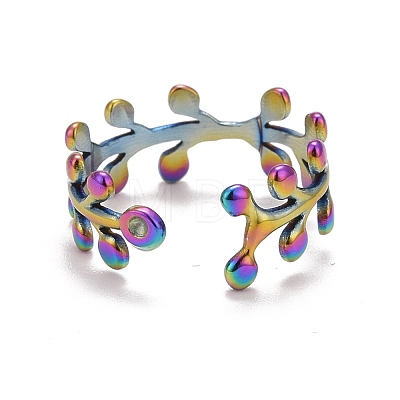 Rainbow Color Ion Plating(IP) 304 Stainless Steel Leaf Wrap Open Cuff Ring for Women RJEW-A005-02-1