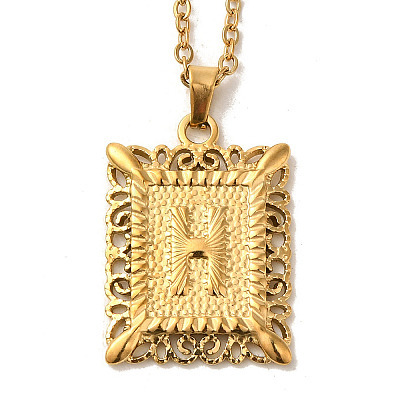 201 Stainless Steel Cable Chain Rectangle with Letter Pendant Necklaces NJEW-M070-01G-H-1