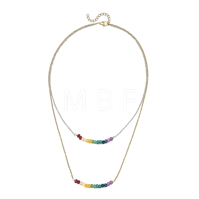Dyed Natural Malaysia Jade Rondelle Chakra Pendant Duo Tone 304 Stainless Steel Cable Chain Double Layer Necklaces for Women NJEW-JN06649-1