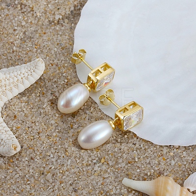 Teardrop Natural Pearl Ear Studs for Women EJEW-P231-13G-1