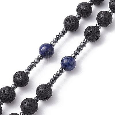 Natural Lapis Lazuli & Lava Rock & Synthetic Hematite Rosary Bead Necklaces NJEW-JN04461-01-1