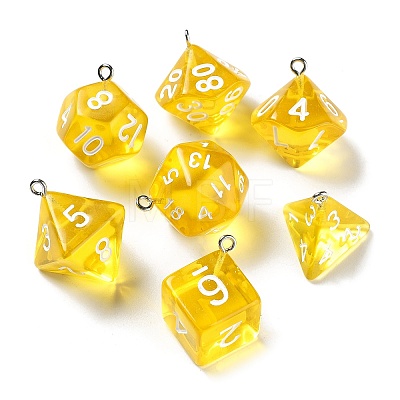 7Pcs 7 Styles Transparent Resin Polyhedral Dice Pendants Set RESI-A029-01G-1