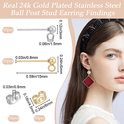 Beebeecraft 100Pcs 2 Style 304 Stainless Steel Ball Post Stud Earring Findings STAS-BBC0004-74-1