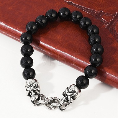 Punk Style Skull 304 Stainless Steel Glass Beads Bracelets for Women Men BJEW-D304-04AS-01-1