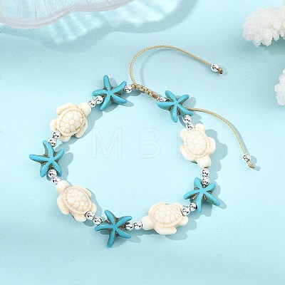 Adjustable Dyed Synthetic Turquoise & Non-magnetic Synthetic Hematite Beads Braided Beads Bracelets for Women Men BJEW-JB13778-02-1