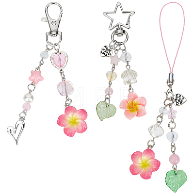3Pcs 3 Styles Flower Acrylic & Imitation Pearl Pendant Decorations HJEW-BC0001-63-1