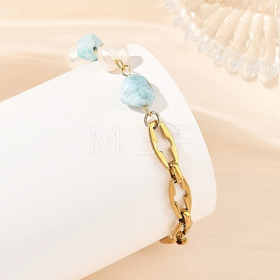 Natural Mixed Gemstone Nuggets and Pearl Beaded Chain Bracelets with 304 Stainless Steel Cross Link Chains and OT Clasps BJEW-JB14436-1