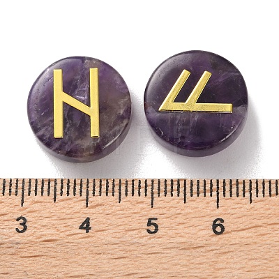 Brass Elder Futhark Alphabet Engraved Symbol Flat Round Natural Amethyst Rune Stones G-I373-01M-1