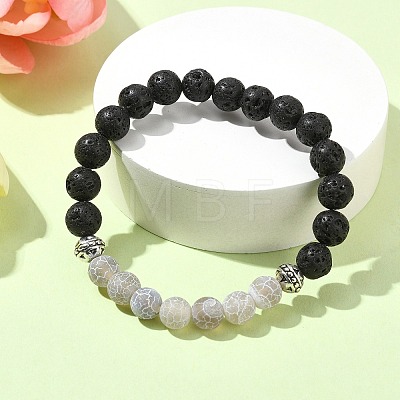 Natural Dyed Crackle Agate & Lava Rock Round Beaded Stretch Bracelet BJEW-TA00444-02-1