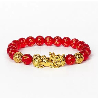 Golden Plated Alloy Pi Xiu 8MM Natural Carnelian(Dyed & Heated) Six Word Mantra Round Beaded Stretch Bracelet for Men QJ0349-8-1
