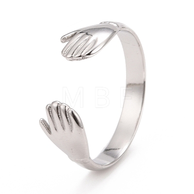 Non-Tarnish 304 Stainless Steel Double Hand Hug Open Cuff Ring for Women RJEW-C025-08B-P-1