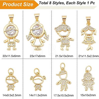 8Pcs 8 Style Brass Micro Pave Clear Cubic Zirconia Pendants ZIRC-FH0001-25-1