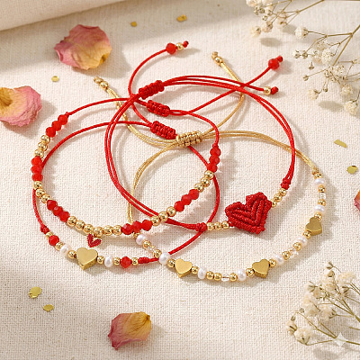 4Pcs 4 Styles Adjustable Glass & Brass Beads Braided Bead Bracelets & Brass Enamel Charm Bracelets for Women SG0180-1-1