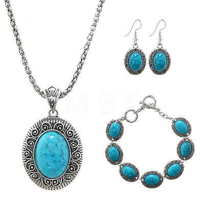 Oval Alloy with Synthetic Turquoise Pendant Necklaces & Dangle Earrings & Link Bracelets Sets WGD1135-10-1