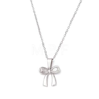 Brass Pave Clear Cubic Zirconia Bowknot Pendant 304 Stainless Steel Cable Chain Necklaces for Women NJEW-JN05357-1