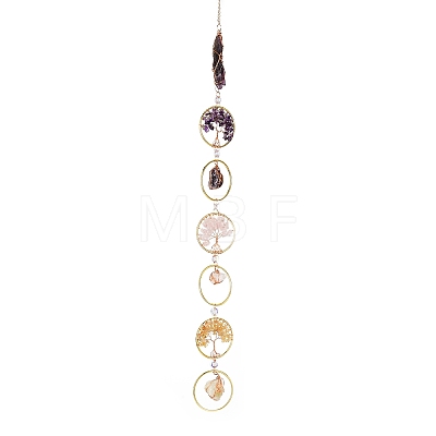 Flat Round with Tree of Life Natural Gemstone Chips Chandelier Hanging Suncatcher AJEW-Q143-03-1