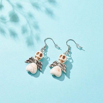 Synthetic Turquoise Skull with Wings Dangle Earrings EJEW-JE04944-02-1