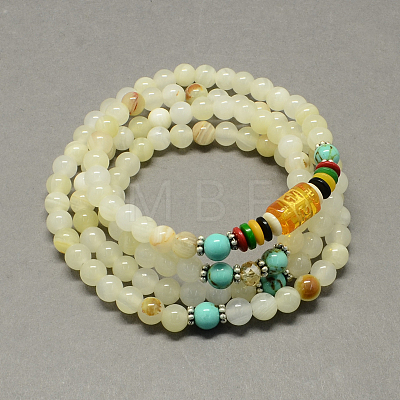 4-Loop Wrap Buddha Meditation Yellow Jade Beaded Bracelets BJEW-R039-16-1