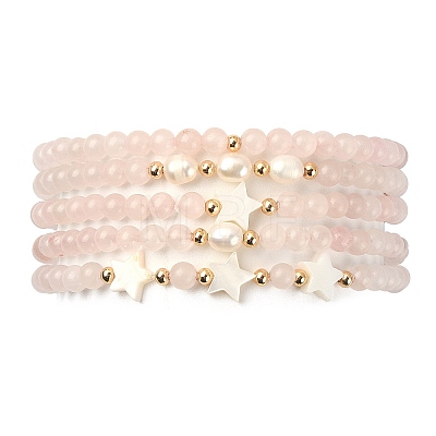 5Pcs 5 Style Natural Rose Quartz & Pearl & Shell Star Beaded Stretch Bracelets Set BJEW-JB09495-01-1