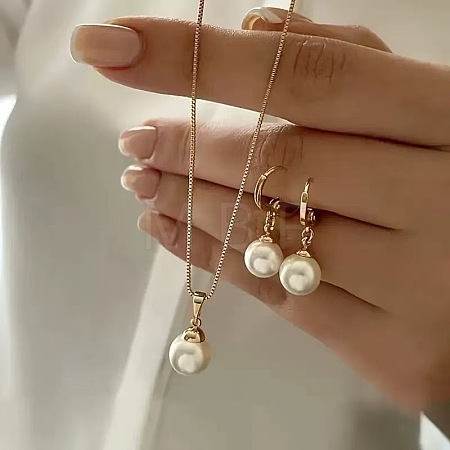 Round Alloy with Plastic Pearl Round Bead Hoop Earring & Pendant Necklaces Sets FS-WG8597C-05-1