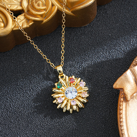 Brass Pave Colorful Cubic Zirconia Sunflower Pendant 201 Stainless Steel Cable Chain Necklaces for Women WGE7141-01-1