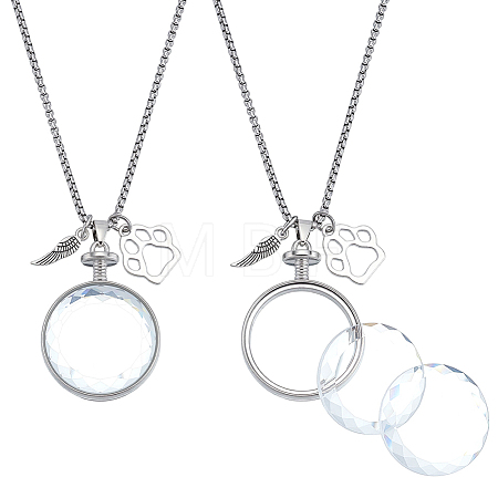 2Pcs Flat Round Glass with Alloy Photo Frame Locket Pendant Necklace Kits with Feather and Paw Print and 4Pcs Glass Cabochons NJEW-DR00043-1