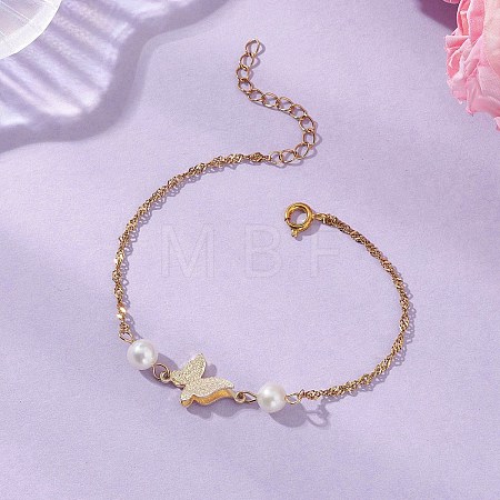 Brass Charms and Natural Cultured Freshwater Pearl Link Bracelets BJEW-JB13126-1