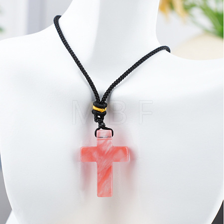 Cherry Quartz Glass Cross Pendant Black Cotton Cord Necklaces FS-WG3ED65-14-1
