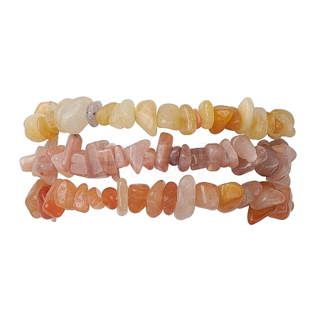 3Pcs Natural Red Aventurine & Natural Sunstone & Natural Topaz Jade Chip Beaded Stretch Bracelet Sets BJEW-JB10867-1