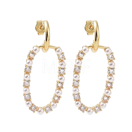 Clear Cubic Zirconia Oval Dangle Stud Earrings with Plastic Pearl Beaded EJEW-C008-25G-1