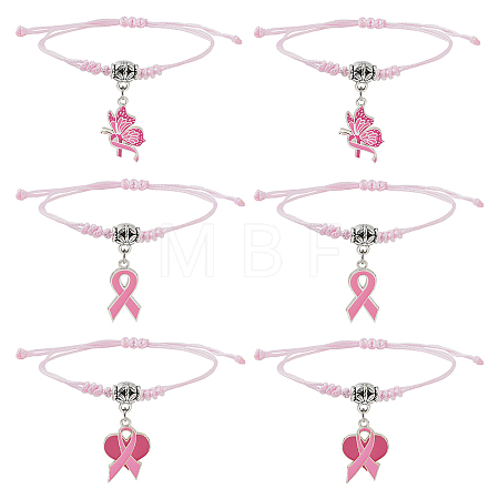 6Pcs 3 Styles Adjustable Alloy Enamel Pink Ribbon Charm Nylon Braided Bracelet Sets BJEW-YW00019-1