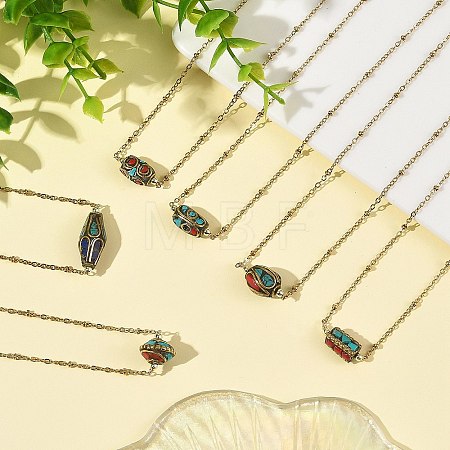 Brass Synthetic Coral and Turquoise Tibetan Beads Pendant 304 Stainless Steel Satellite Chain Necklaces NJEW-JN06517-1
