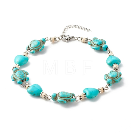 Heart & Tortoise Synthetic Turquoise Beaded Anklet AJEW-AN00459-02-1