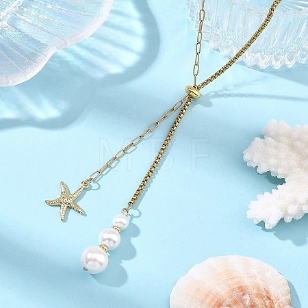 Summer Beach 304 Stainless Steel Starfish Pendant Lariat Necklaces with Shell Pearl NJEW-JN06604-01-1
