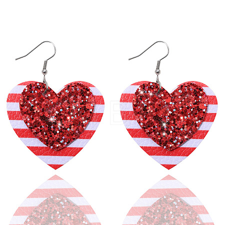 PU Leather Heart with Stripe Dangle Earrings FS-WG76E0F-01-1