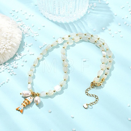 Brass Enamel Fish and Natural Pearl Rice Pendant Natural White Moonstone Nuggets Beaded Necklaces for Women NJEW-JN06357-01-1