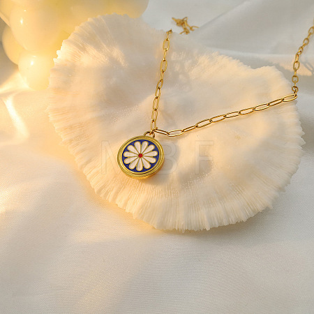 303 Stainless Steel Enamel Flat Round with White Flower Pendant Necklaces for Women FS-WGC7F5D-01-1