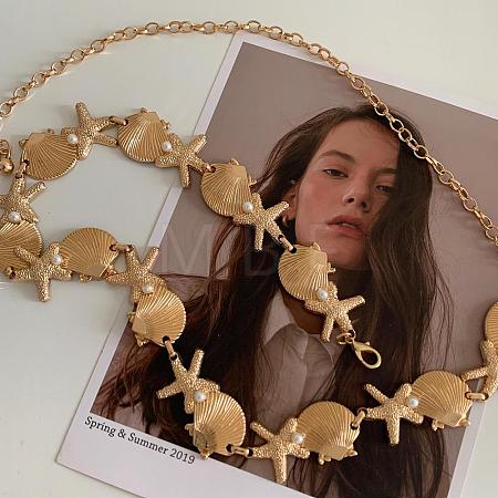 Summer Alloy & Imitation Pearl Starfish and Shell Shaped Link Chain Waist Belly Chains for Women FS-WGFC91A-01-1