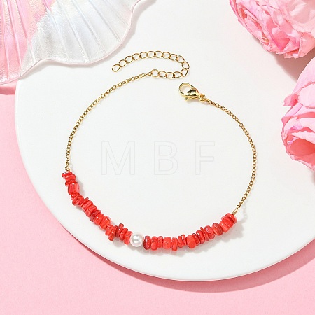 Natural Dyed Freshwater Shell Nuggets Beaded 304 Stainless Steel Cable Chain Anklets for Women AJEW-AN00827-01-1