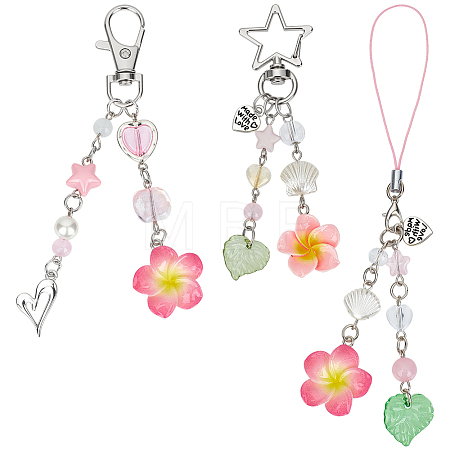 3Pcs 3 Styles Flower Acrylic & Imitation Pearl Pendant Decorations HJEW-BC0001-63-1