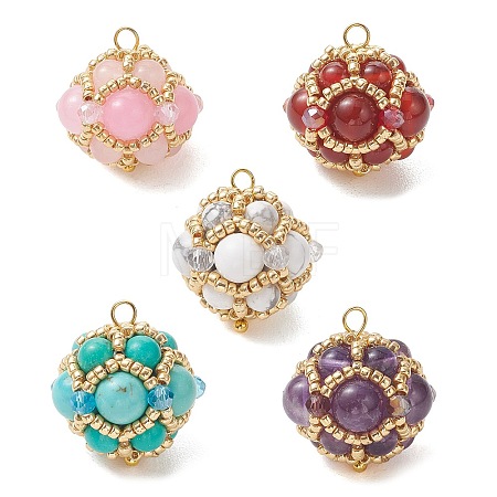 Natural & Synthetic Mixed Gemstone and Glass Seed Beaded Cluster Pendants PALLOY-MZ01334-1