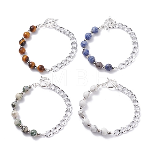 Natural Mixed Stone Round Beaded Bracelets Set with Curb Chain for Men Women BJEW-TA00048-1