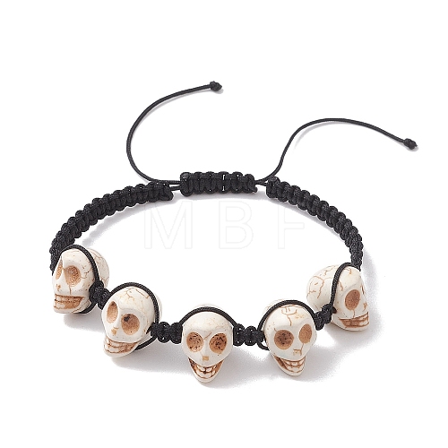 Synthetic Magnesite Skull Braided Bead Bracelets BJEW-JB10523-1
