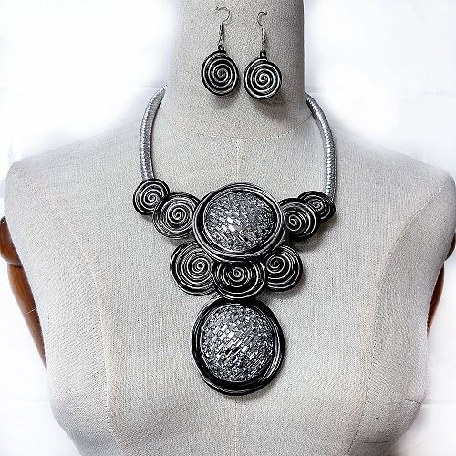 Flat Round Alloy with Aluminum Wire Wrapped Resin Pendant Necklaces & Dangle Earrings Sets FS-WGE4BA0-04-1