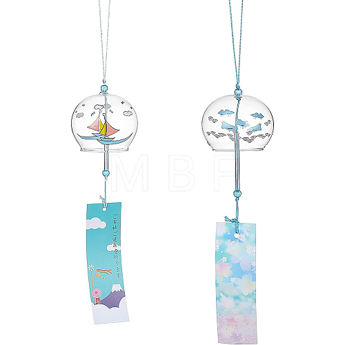 2Pcs 2 Styles Round with Boat & Bird Pattern Glass Wind Chime HJEW-BC0001-10-1